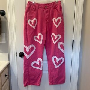 Pink Heart-Patterned Women's Jeans